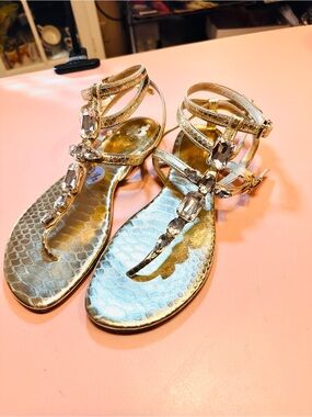 Michael Kors Jayden jeweled snakeskin pattern flat sandals